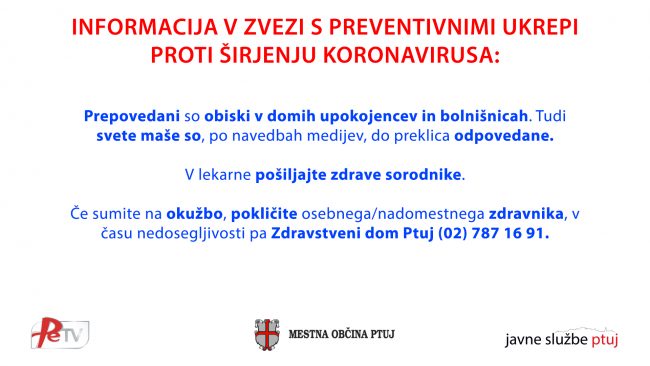 INFORMACIJE V ZVEZI S PREVENTIVNIMI UKREPI PROTI ŠIRJENJU KORONAVIRUSA (petek, 13.3.2020)